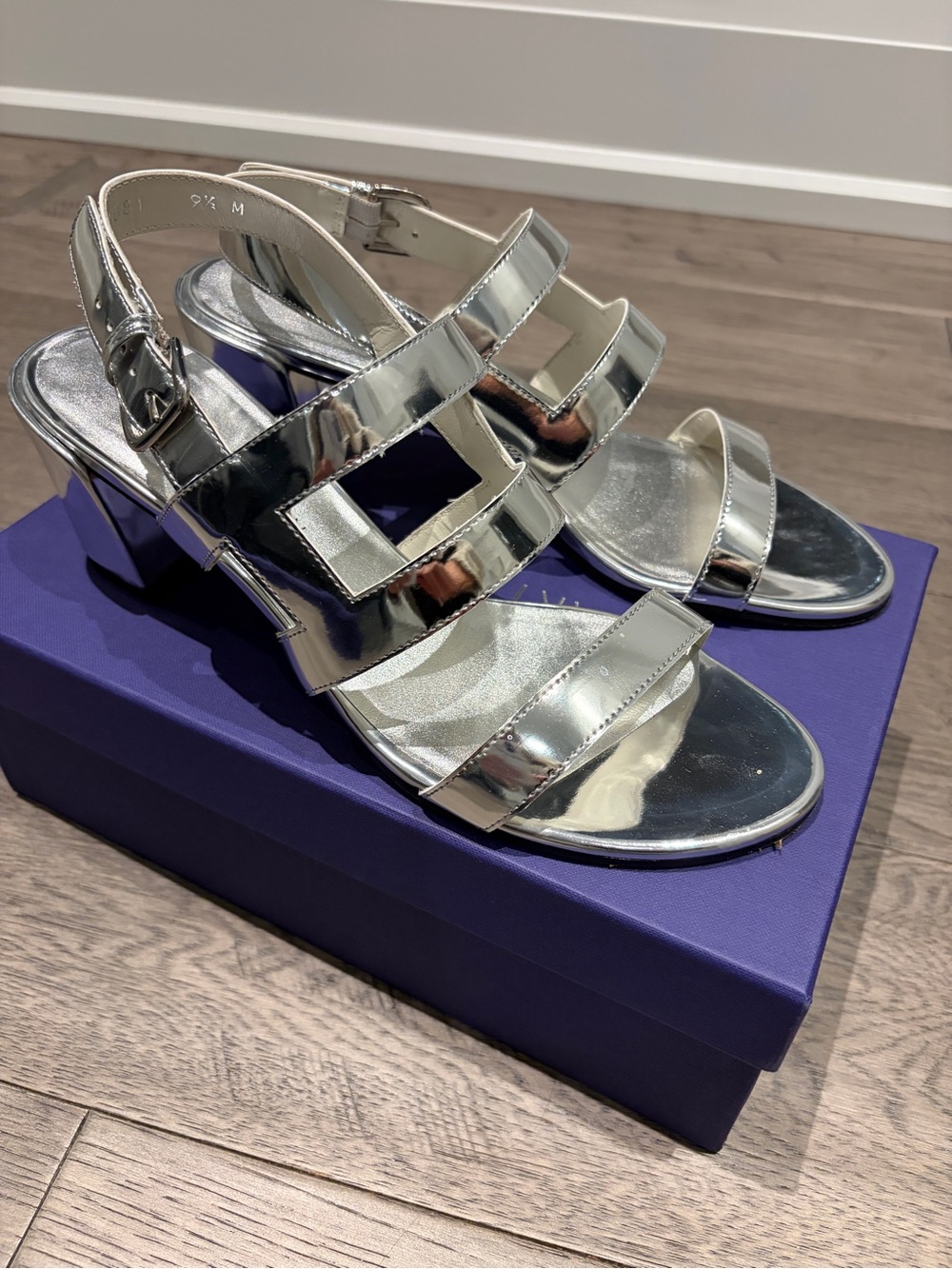 Stuart Weitzman Silver Strappy Block-Heel Sandals, size 9.5
